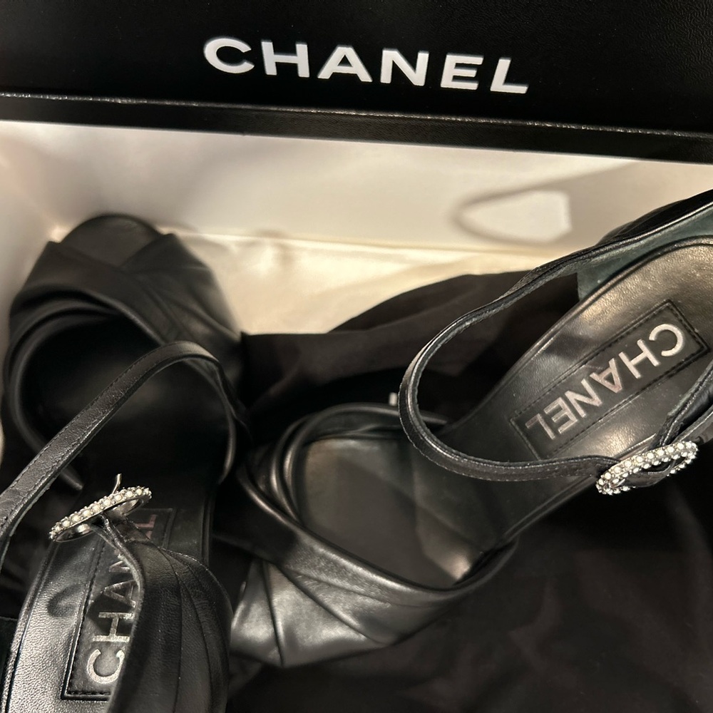 Chanel Black leather Heels with Rhinestone Buckle